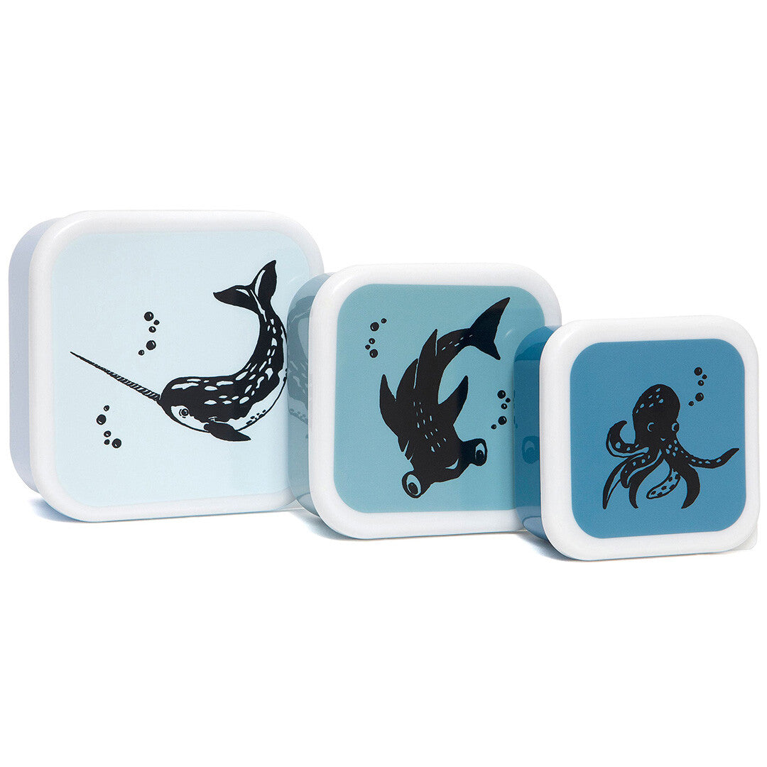 Drie blauwe Petit Monkey plastic snackdoosjes met zeedieren, van groot naar klein.
