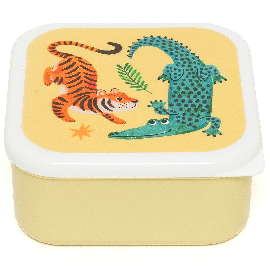 Grootste Petit Monkey plastic snackdoosje met een tijger en krokodil op de deksel.
