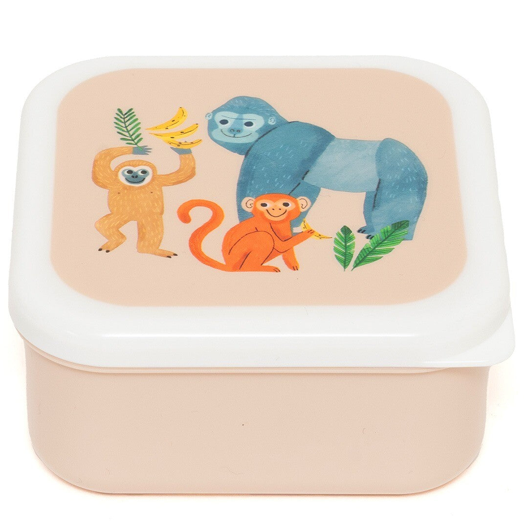 Middelste Petit Monkey plastic snackdoosje met een gorilla en twee apen op de deksel.