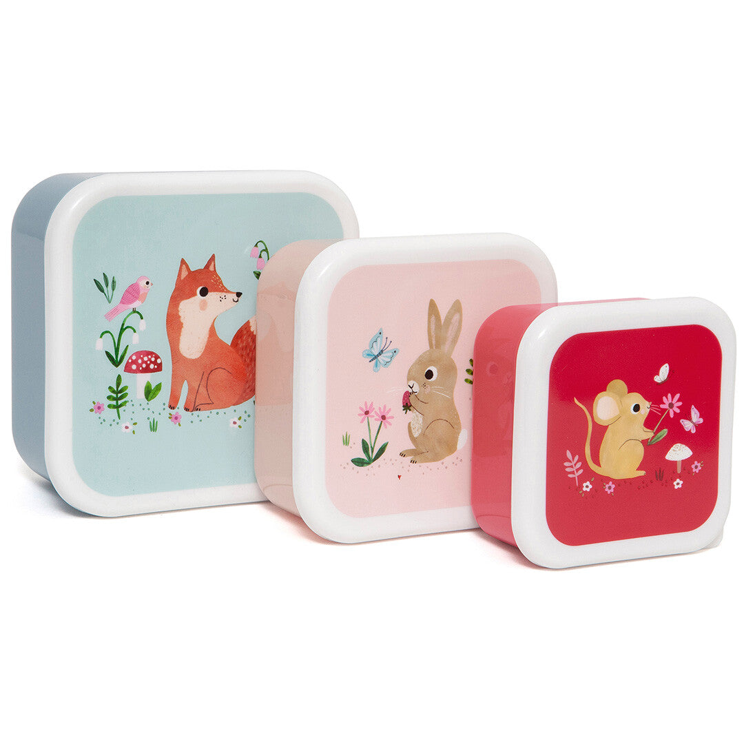 Drie petit monkey snackdoosjes met bosdierenprint, van groot naar klein.
