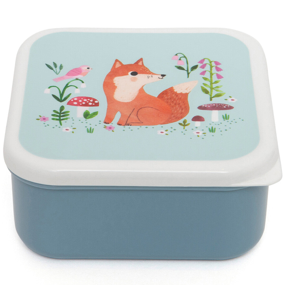 Een blauw petit monkey snackdoosje met een vos en paddenstoelen.