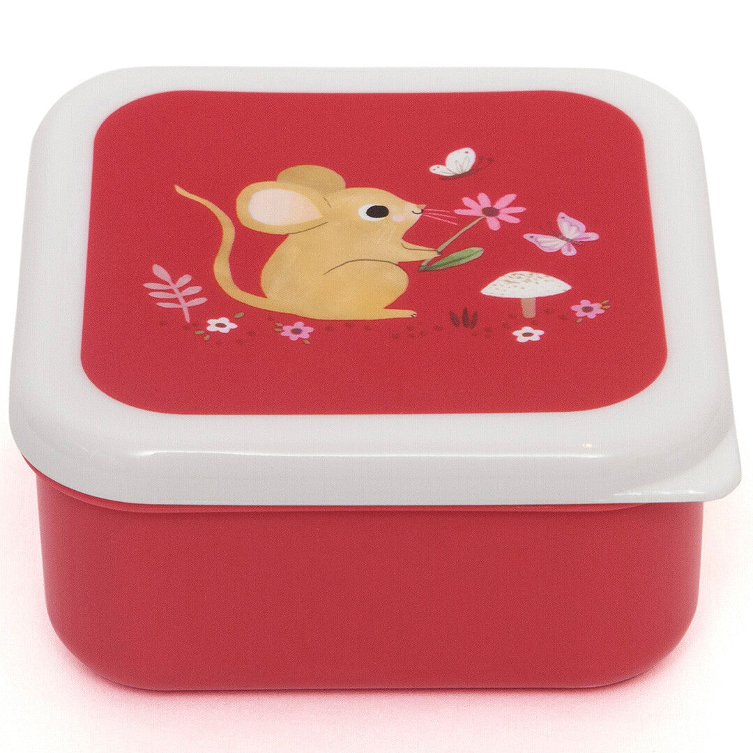 Een rood petit monkey snackdoosje met een muis en bloemen.