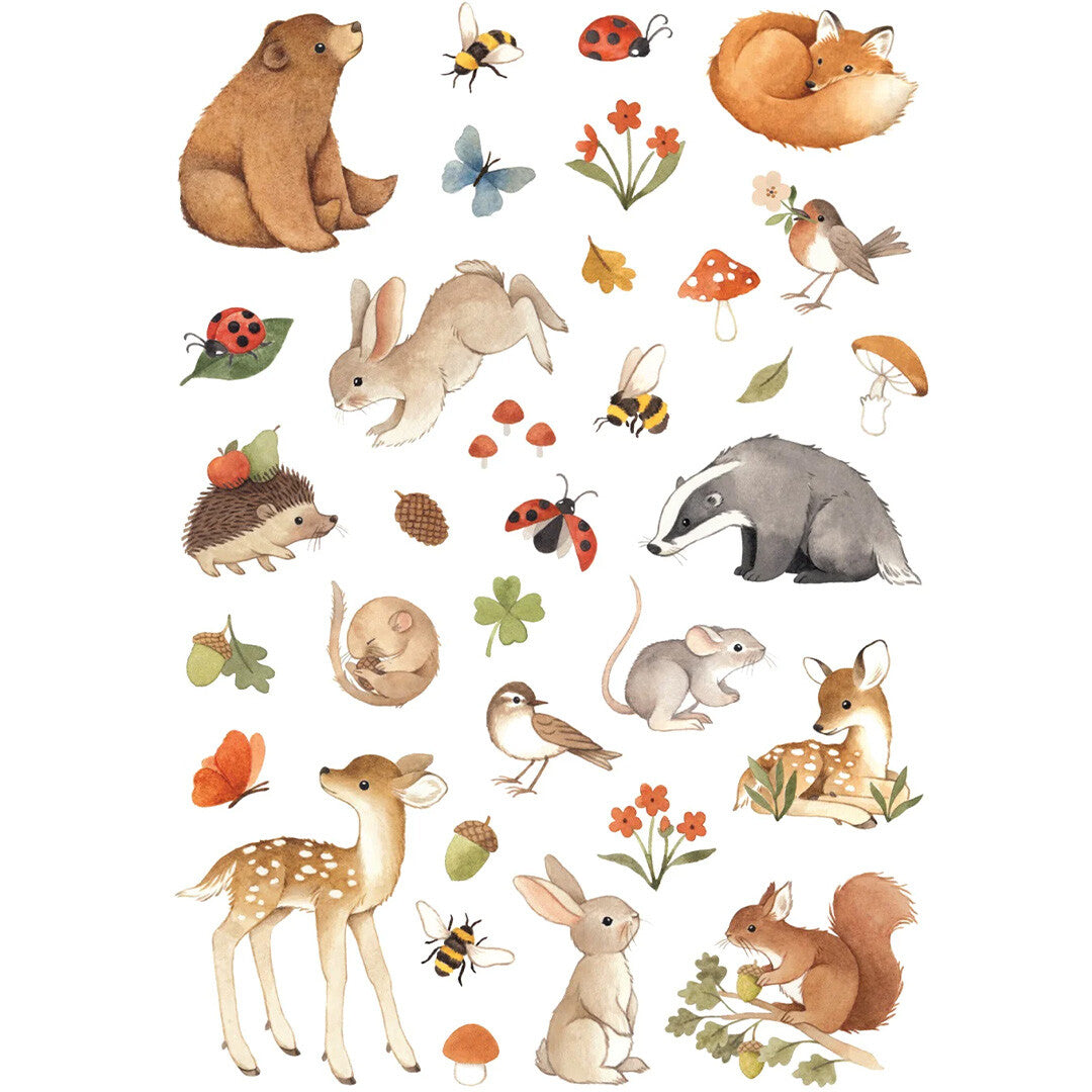 Collectie tijdelijke kindertatoeages met diverse bosdieren en natuurmotieven.