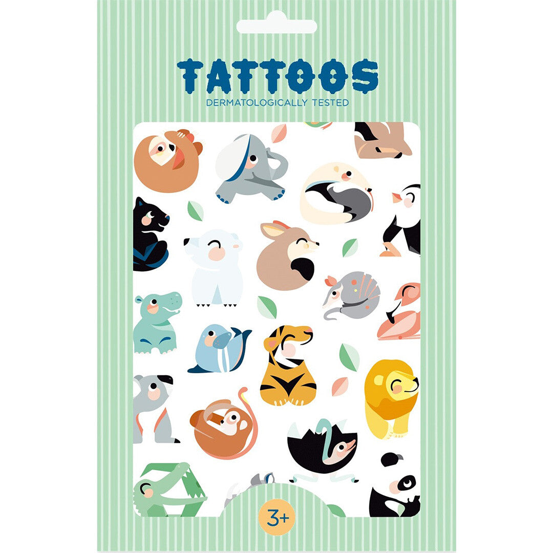 Petit Monkey tijdelijke kindertattoos met wilde dieren, afgebeeld op de verpakking.