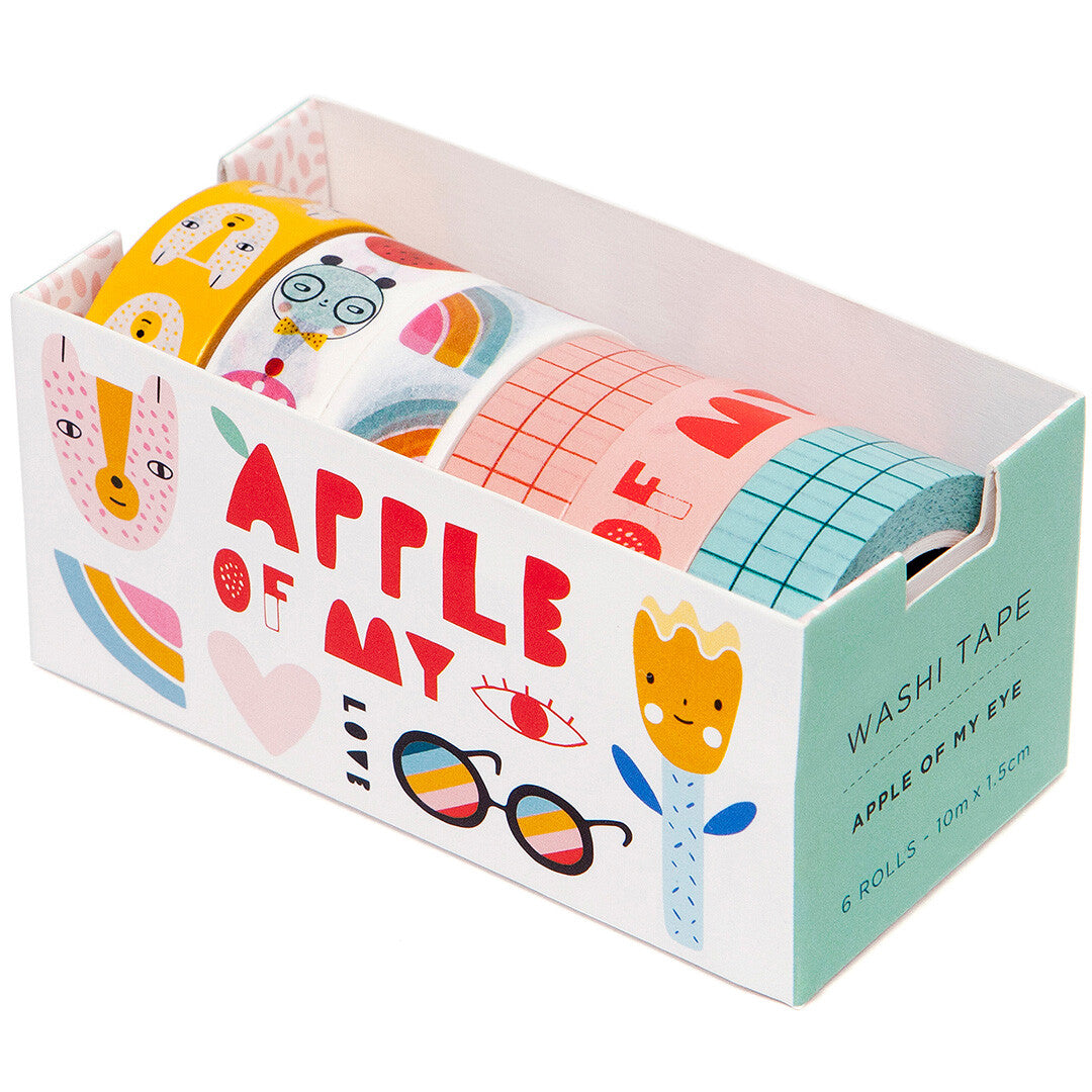 Petit Monkey washi tape set 'Apple of my Eye' met zes rollen in de geïllustreerde verpakking.