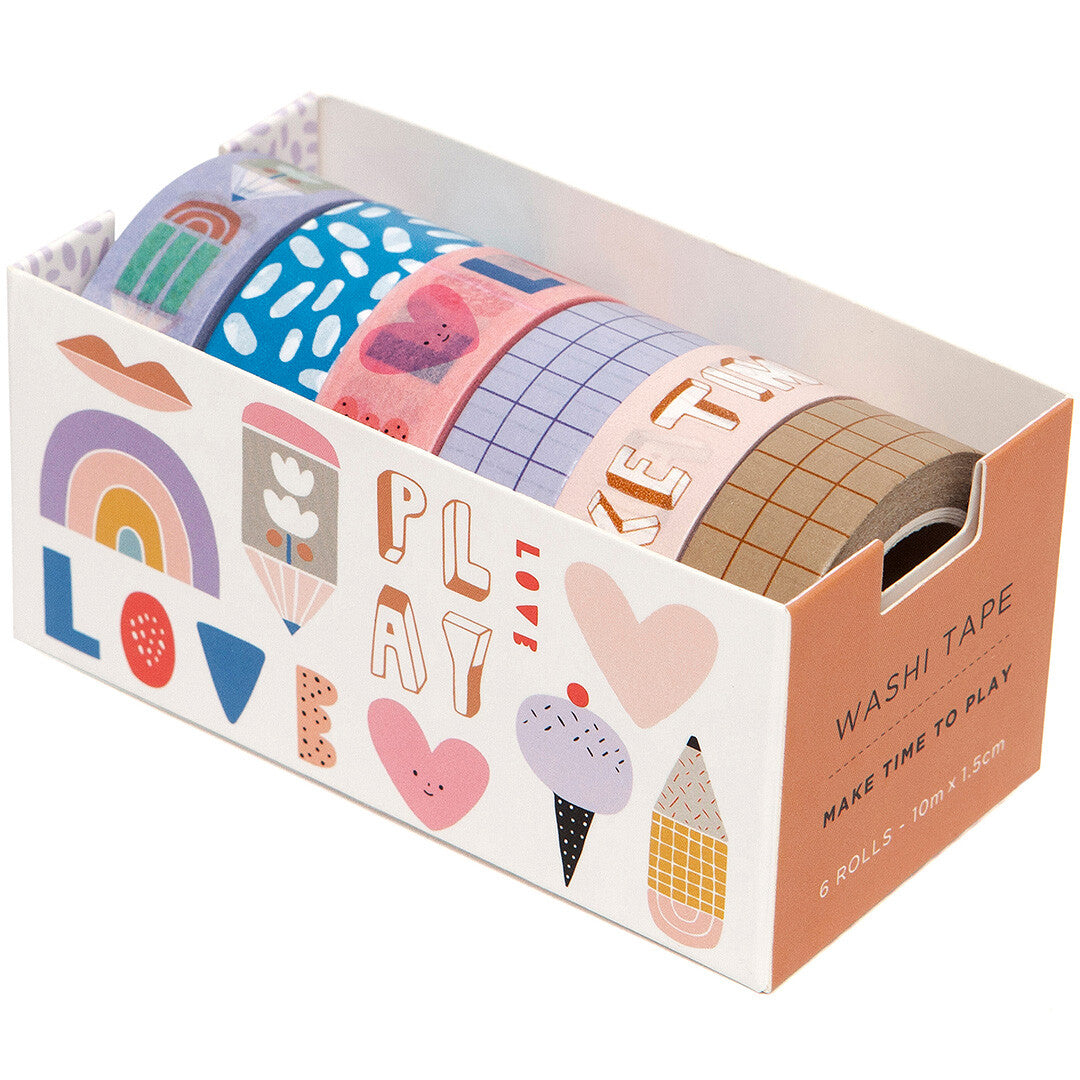 Petit Monkey washi tape set met zes rollen in een doos met kleurrijke, speelse patronen.