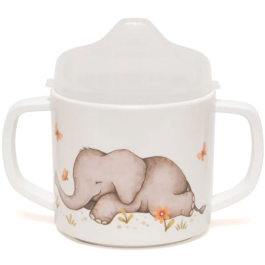 Petit Monkey witte kinder tuitbeker met twee handvatten en een illustratie van een slapende olifant.