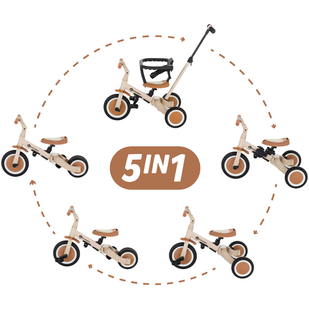 Infographic van de Petite&Mars 5-in-1 kinderfiets die de vijf verschillende configuraties toont.