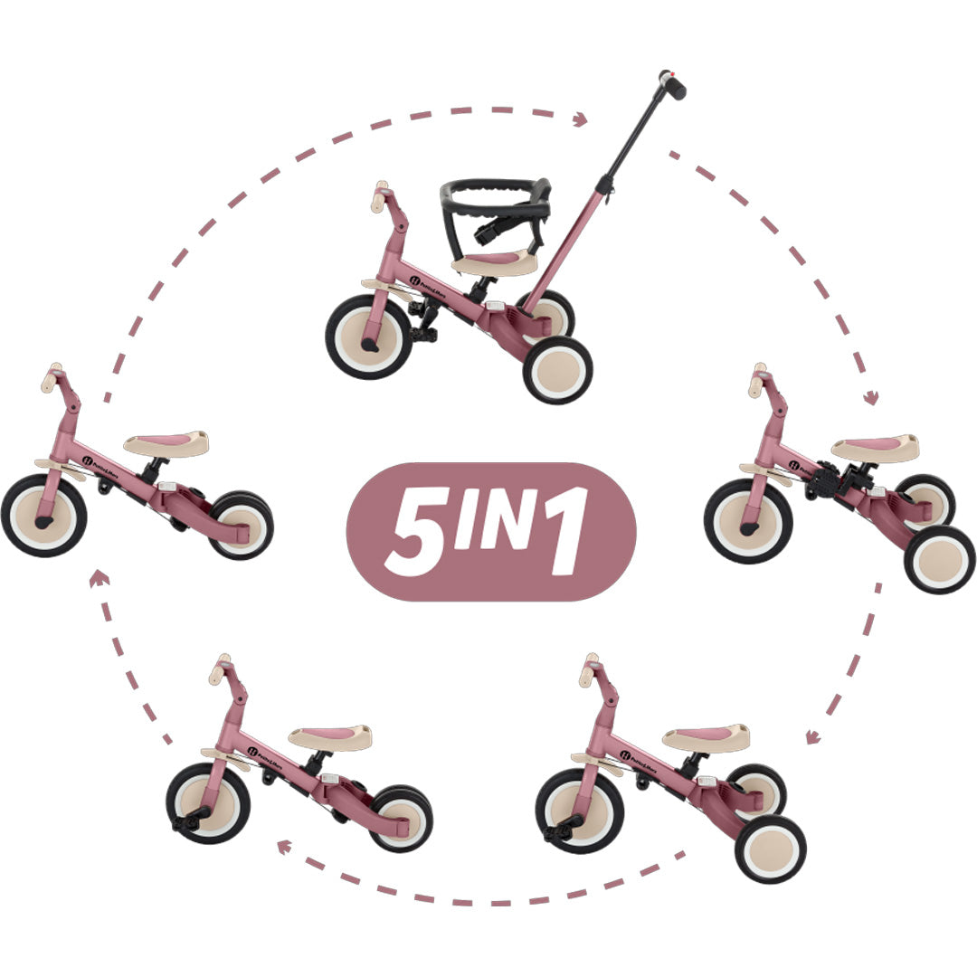 Infographic van de Petite&Mars 5-in-1 kinderfiets die de vijf verschillende configuraties toont.