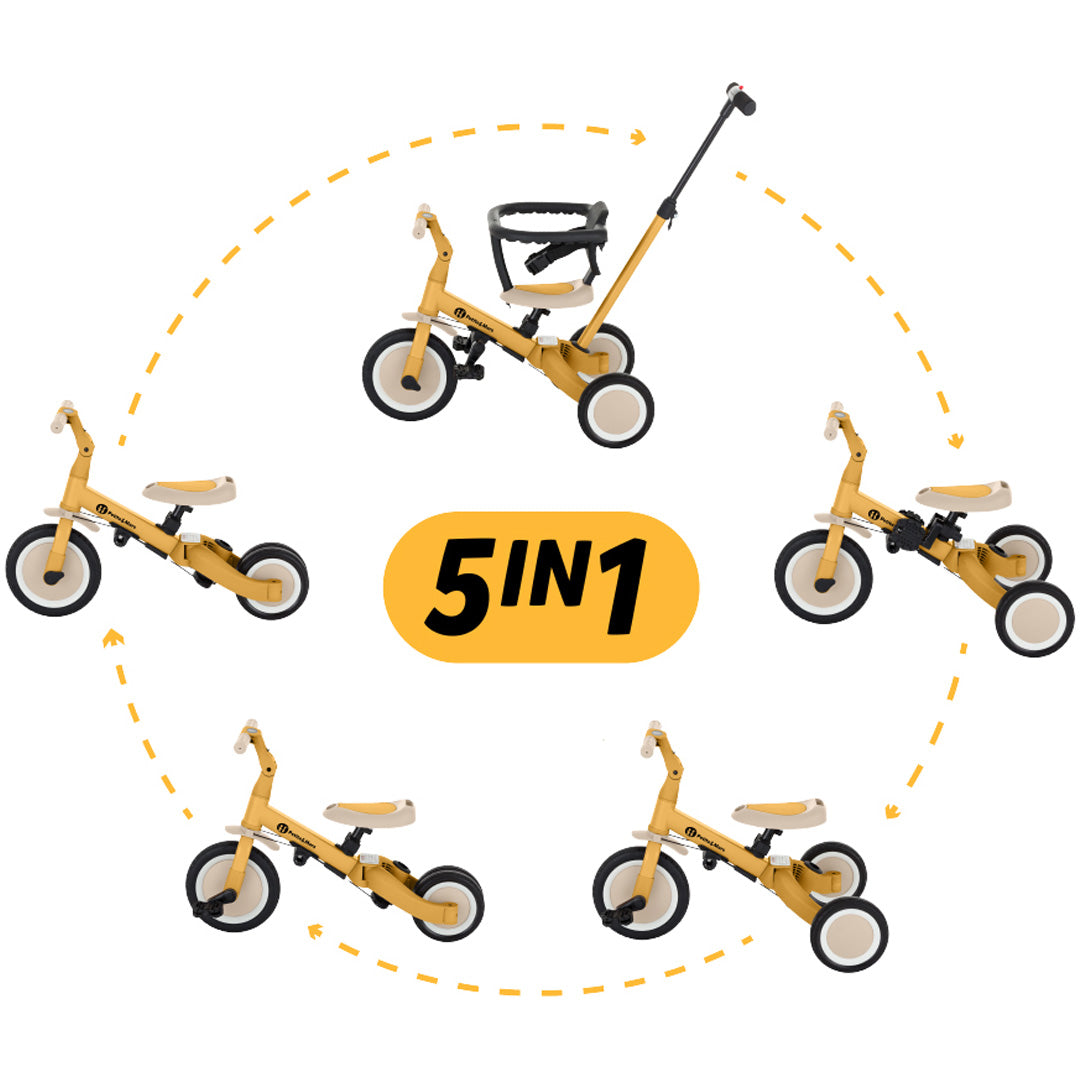 Infographic die de vijf verschillende configuraties van de Petite&Mars 5-in-1 kinderfiets toont.