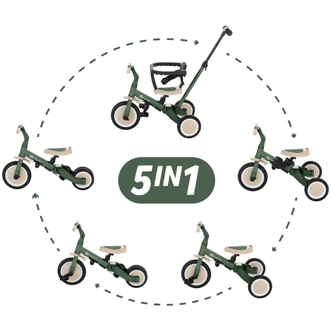 Infographic van de Petite&Mars 5-in-1 kinderfiets die de vijf verschillende configuraties toont.