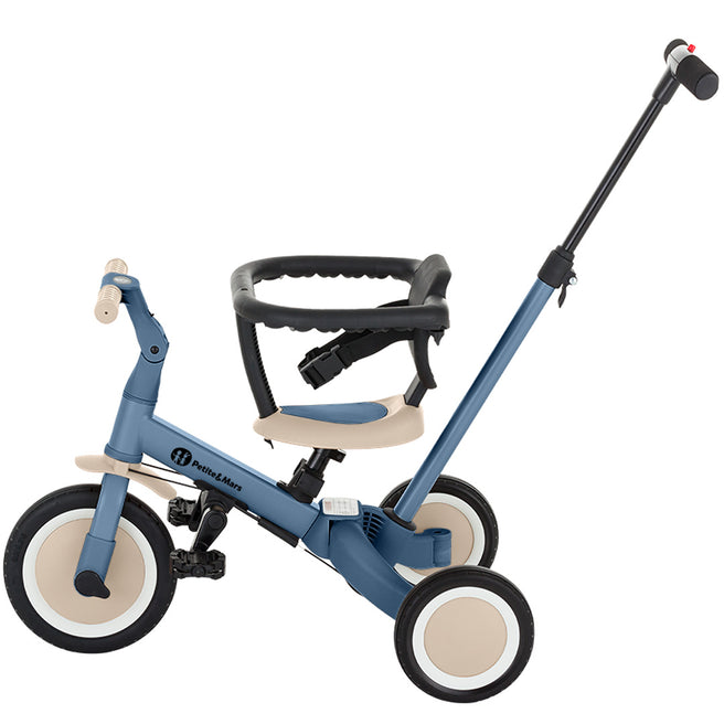 Petite&Mars 5-in-1 kinderfiets in blauw en beige, met duwstang en veiligheidsbeugel.