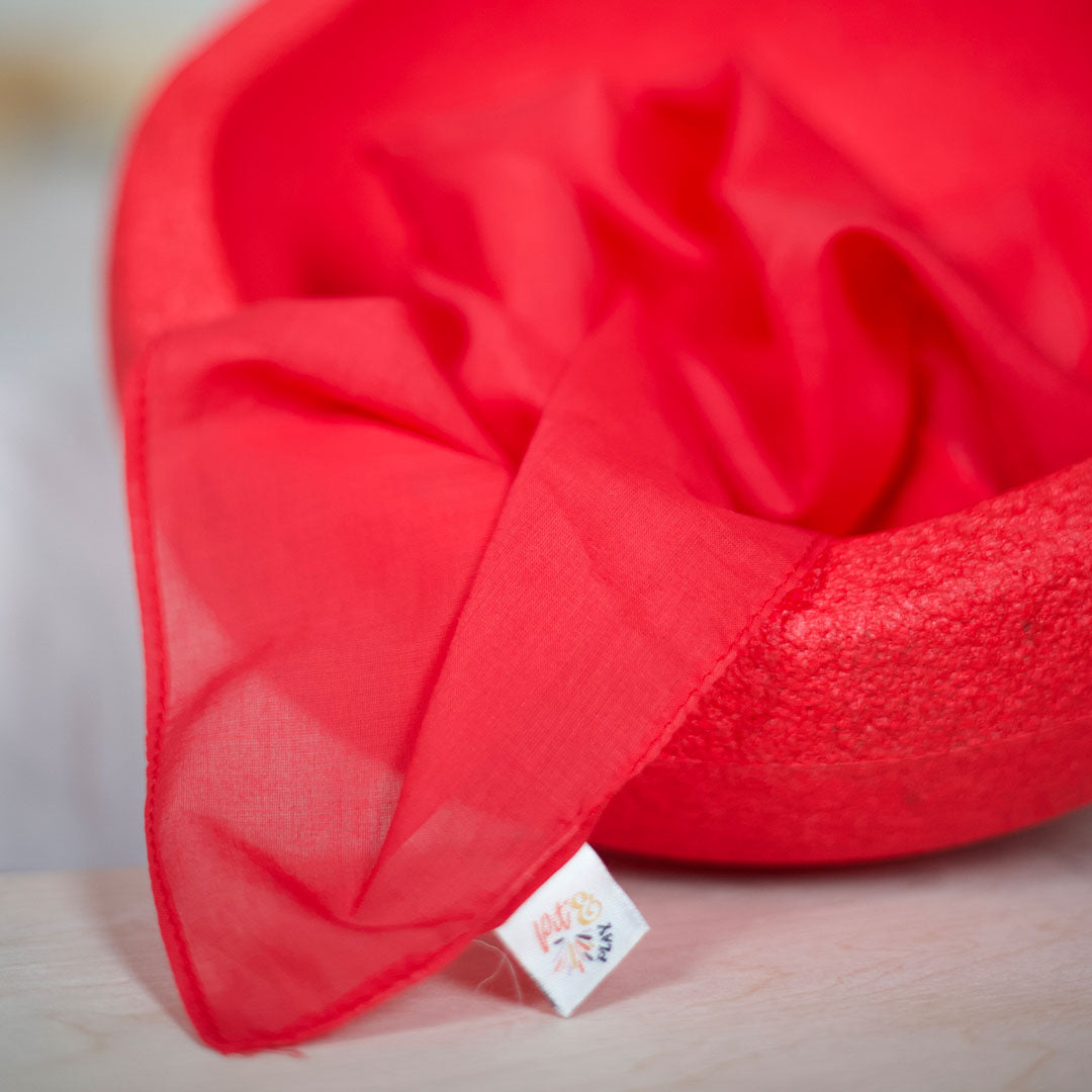 Een rood pit and play speeldoek met label, opgevouwen in een rode kom.
