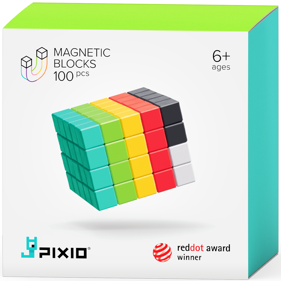 Pixio verpakking van 100 magnetische blokjes in diverse kleuren, met een voorbeeld van een kubus.