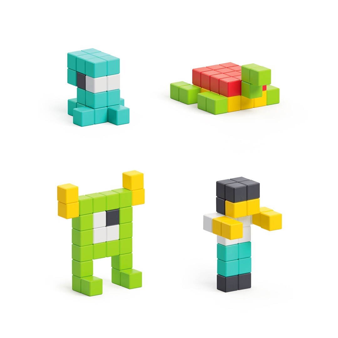 Vier verschillende figuren, waaronder een schildpad en een monster, gemaakt van Pixio magnetische blokjes.