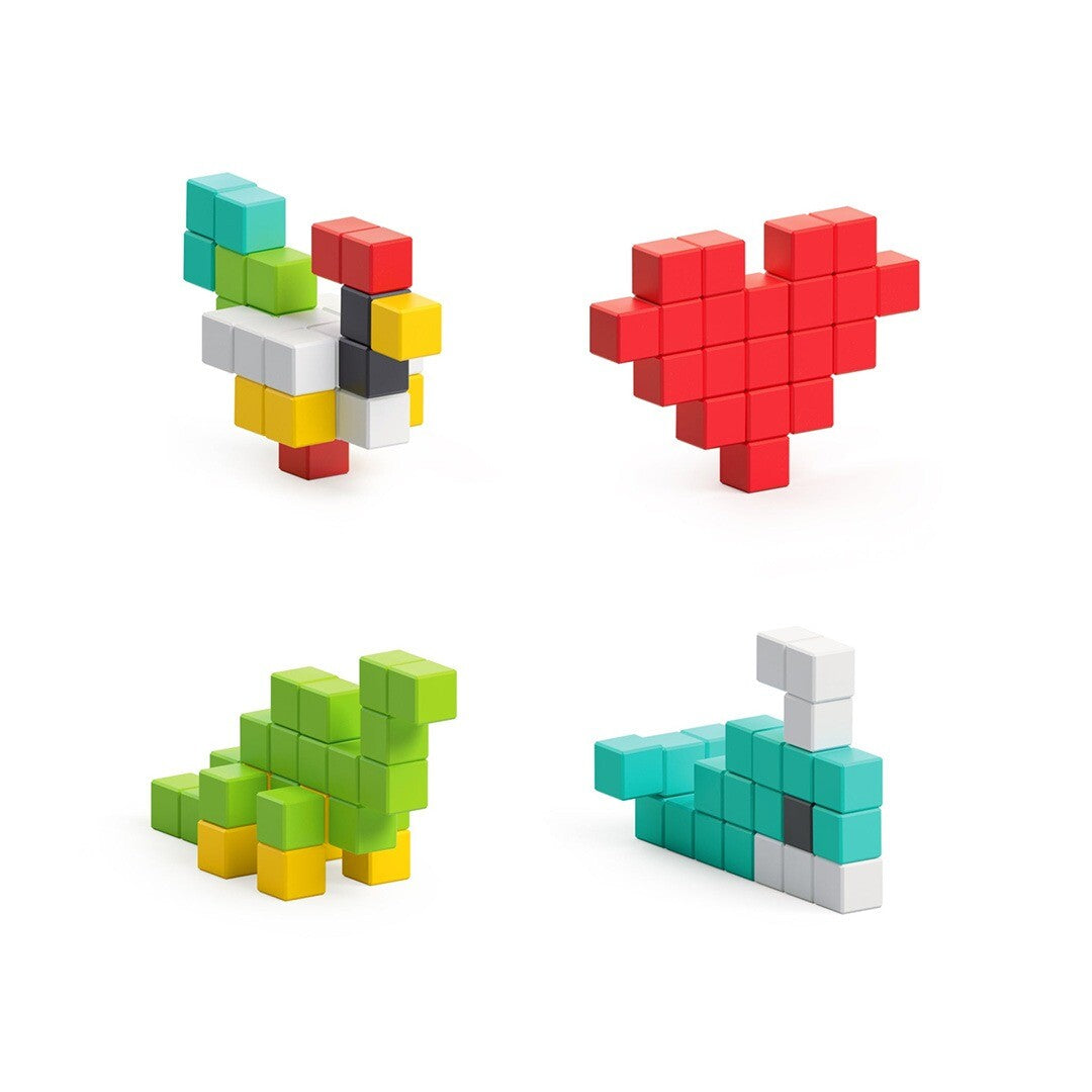 Vier creaties van Pixio magnetische blokjes, waaronder een rood hart, een vogel en een dolfijn.