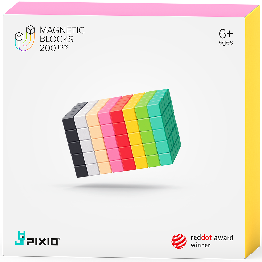 De verpakking van de Pixio magnetische blokjes, met een kleurrijke blokkenstructuur en productinformatie.
