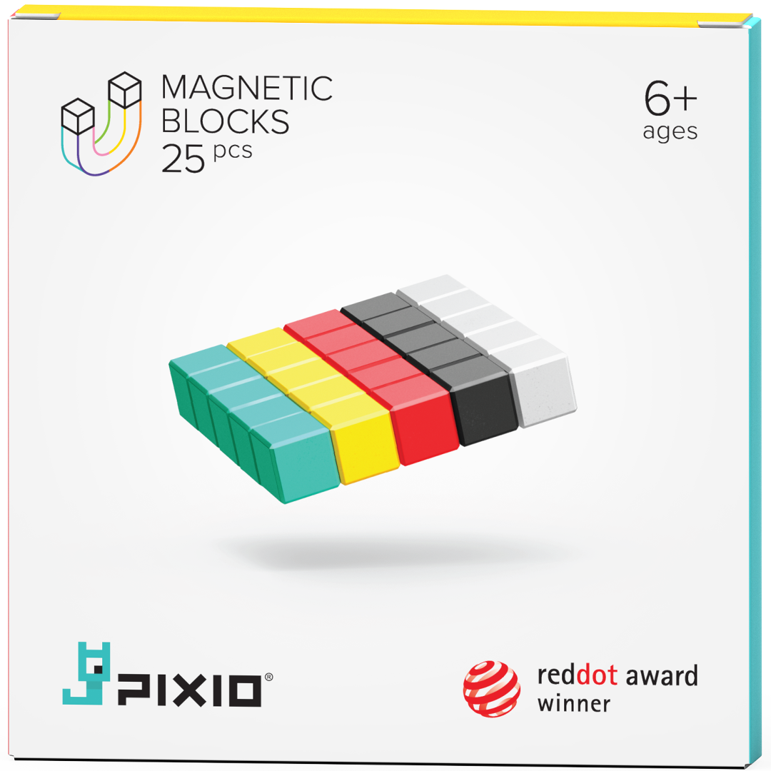 Verpakking van de Pixio magnetische bouwblokjes met 25 stuks in verschillende kleuren.