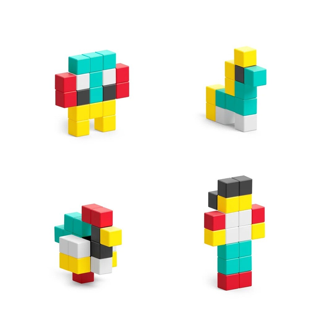 Vier verschillende figuren, waaronder een paddenstoel en een paard, gemaakt van Pixio magnetische bouwblokjes.