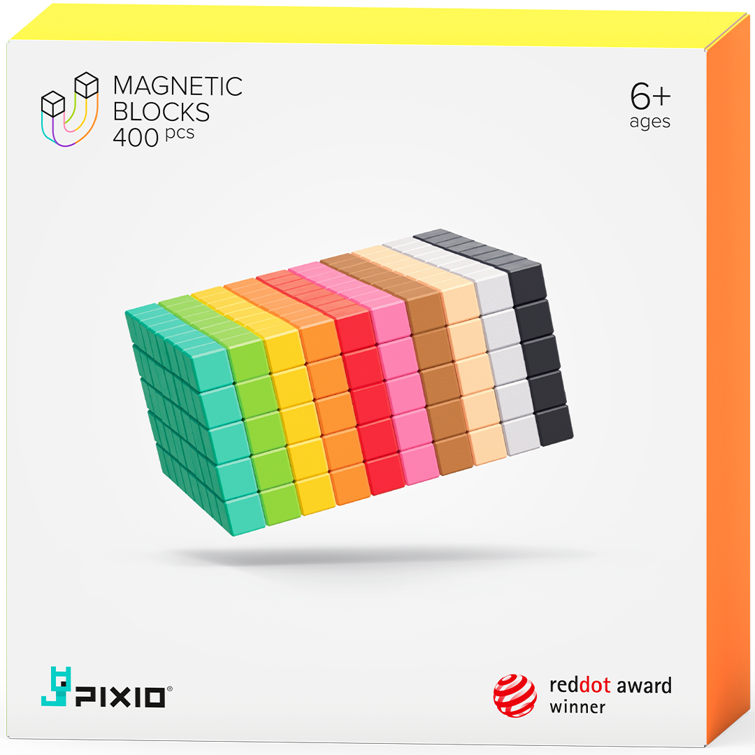 Pixio magnetische blokjes verpakking met een kleurrijke blokkenstructuur en productinformatie.