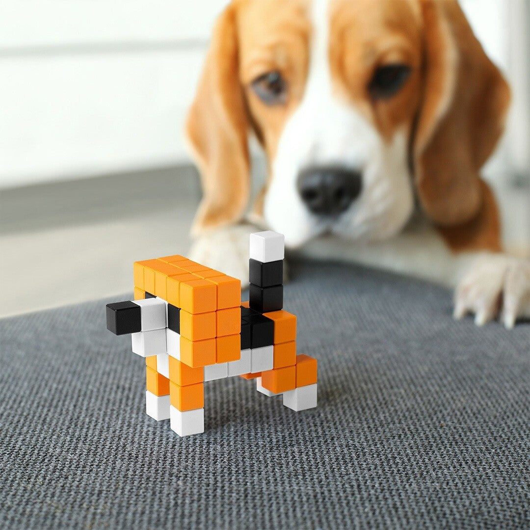 Een hondje gemaakt van Pixio magnetische blokjes op een tapijt, met een echte beagle op de achtergrond.
