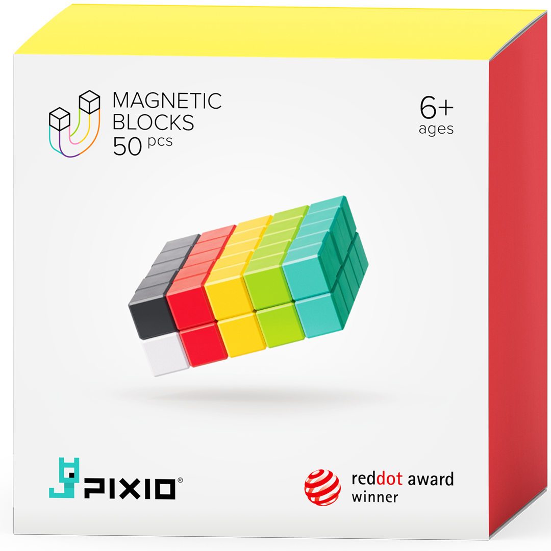 De verpakking van de Pixio magnetische blokjes, een witte doos met een kleurrijke constructie en productinformatie.