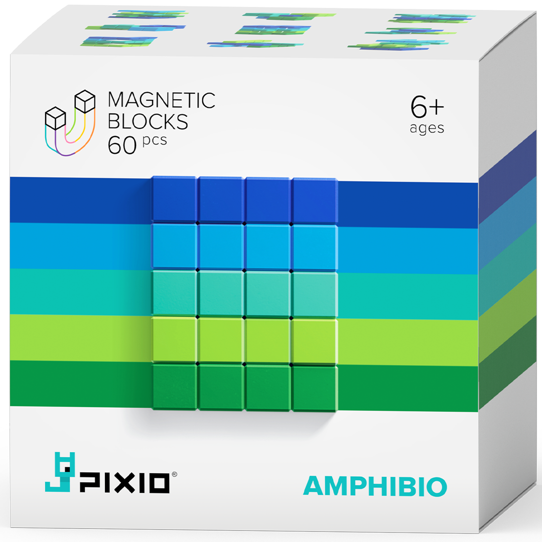 Pixio magnetische blokjes Amphibio verpakking met 60 stuks en leeftijdsindicatie 6+.