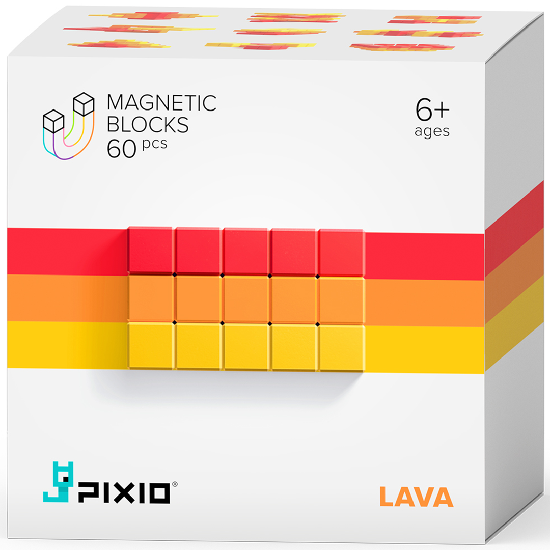 Pixio magnetische blokjes verpakking met een afbeelding van rode, oranje en gele blokjes in een lava-thema.