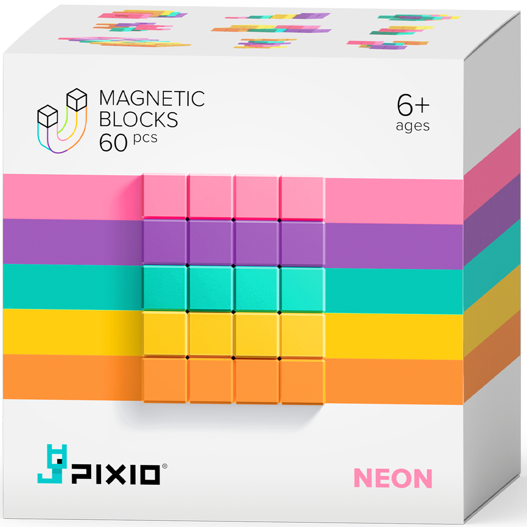 Schuine weergave van de Pixio Neon magnetische blokjes verpakking met 60 stuks, geschikt voor 6 jaar en ouder.