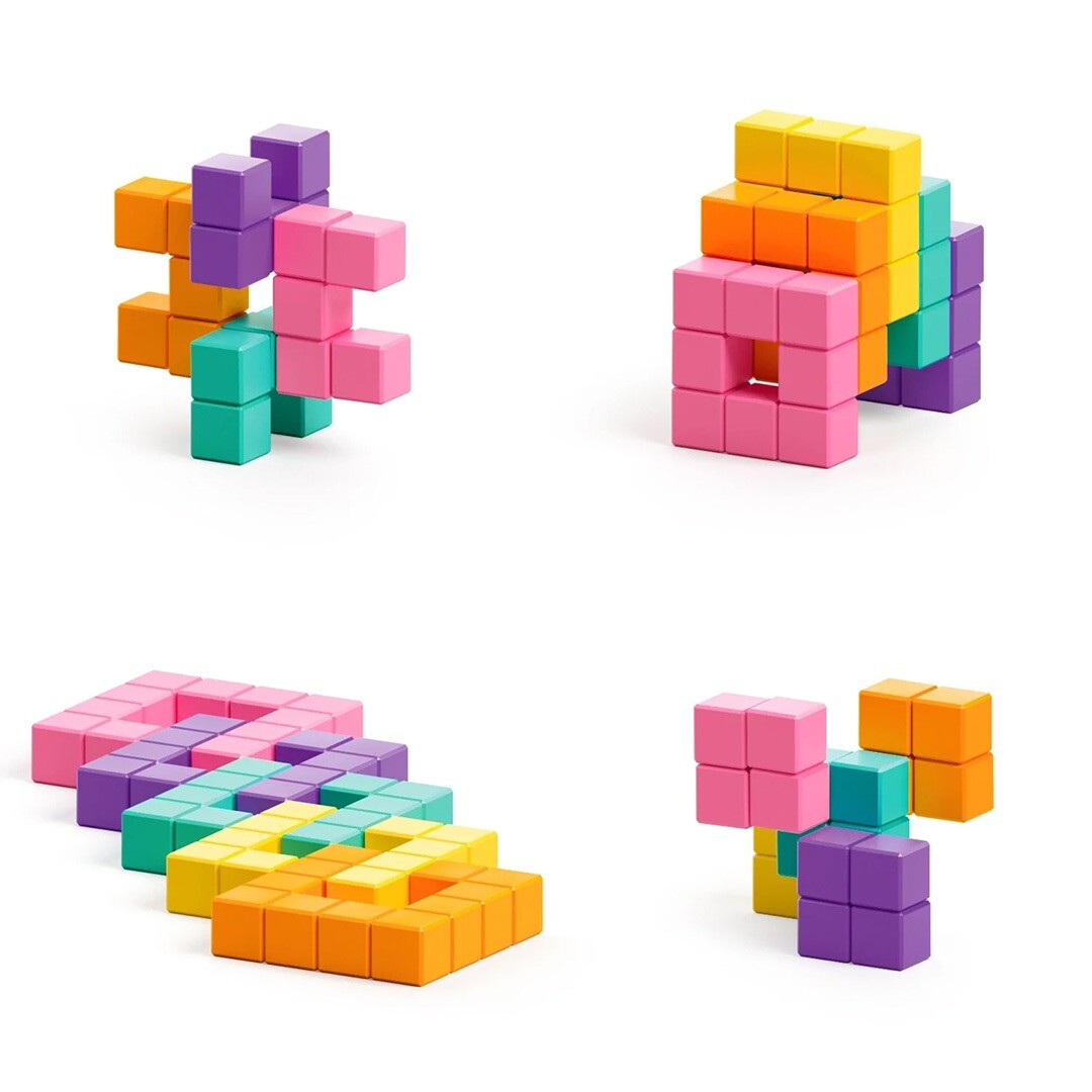 Vier abstracte constructies gemaakt van kleurrijke Pixio magnetische bouwblokjes in neonkleuren.