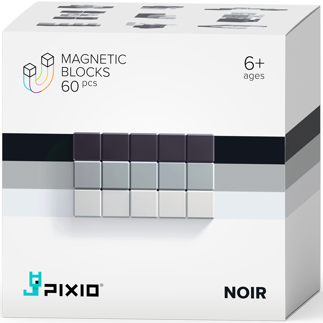 De verpakking van Pixio magnetische blokjes Noir, met 60 stuks in grijstinten.