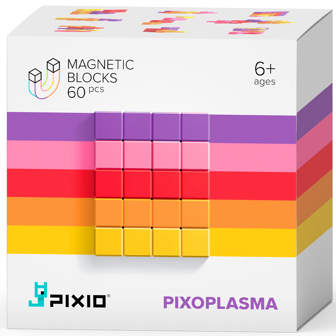 Pixio Pixoplasma magnetische bouwblokken verpakking met 60 stuks en een kleurrijk blokkenpatroon.