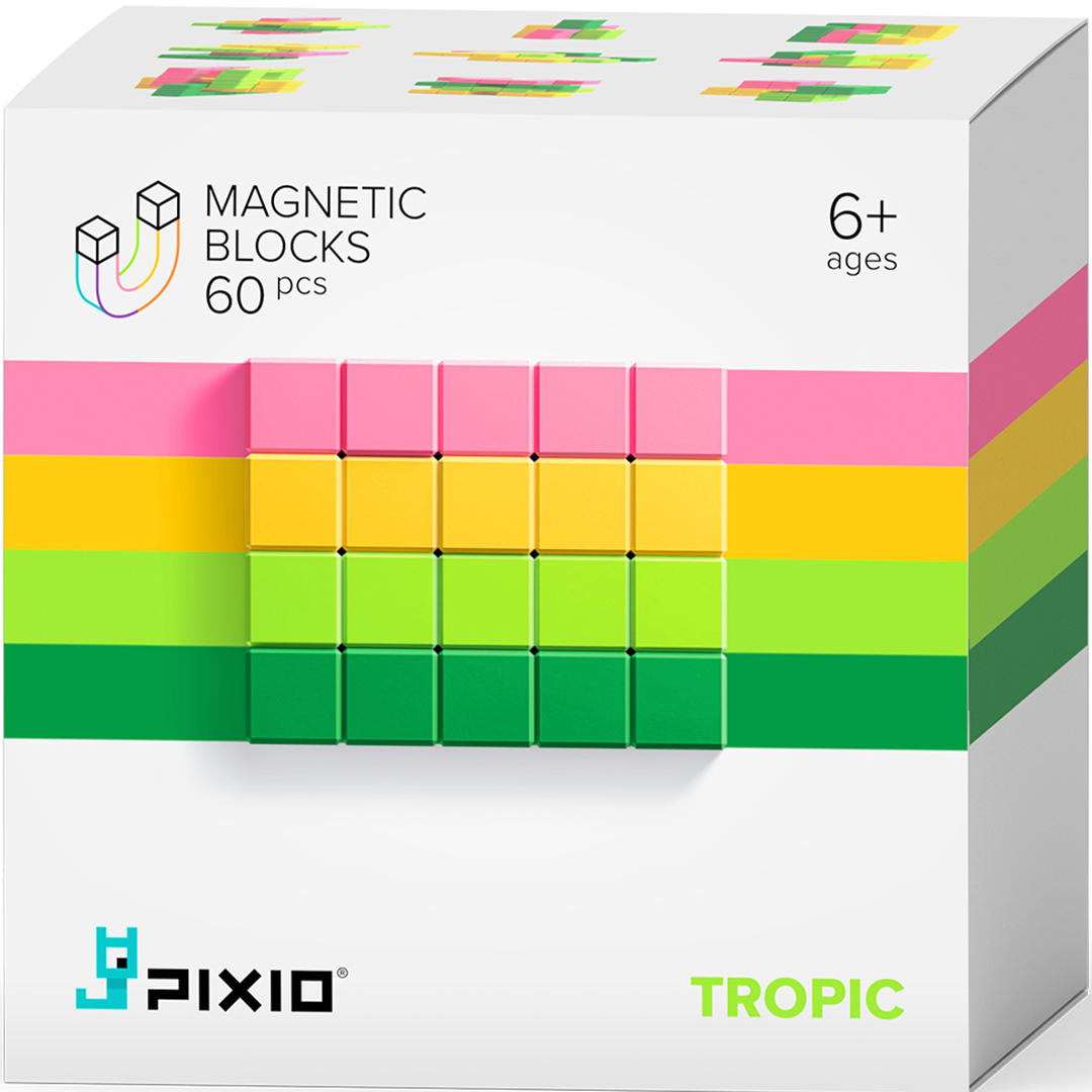 Verpakking van Pixio magnetische bouwblokken in de kleuren roze, geel en groen, met de tekst 'Tropic'.