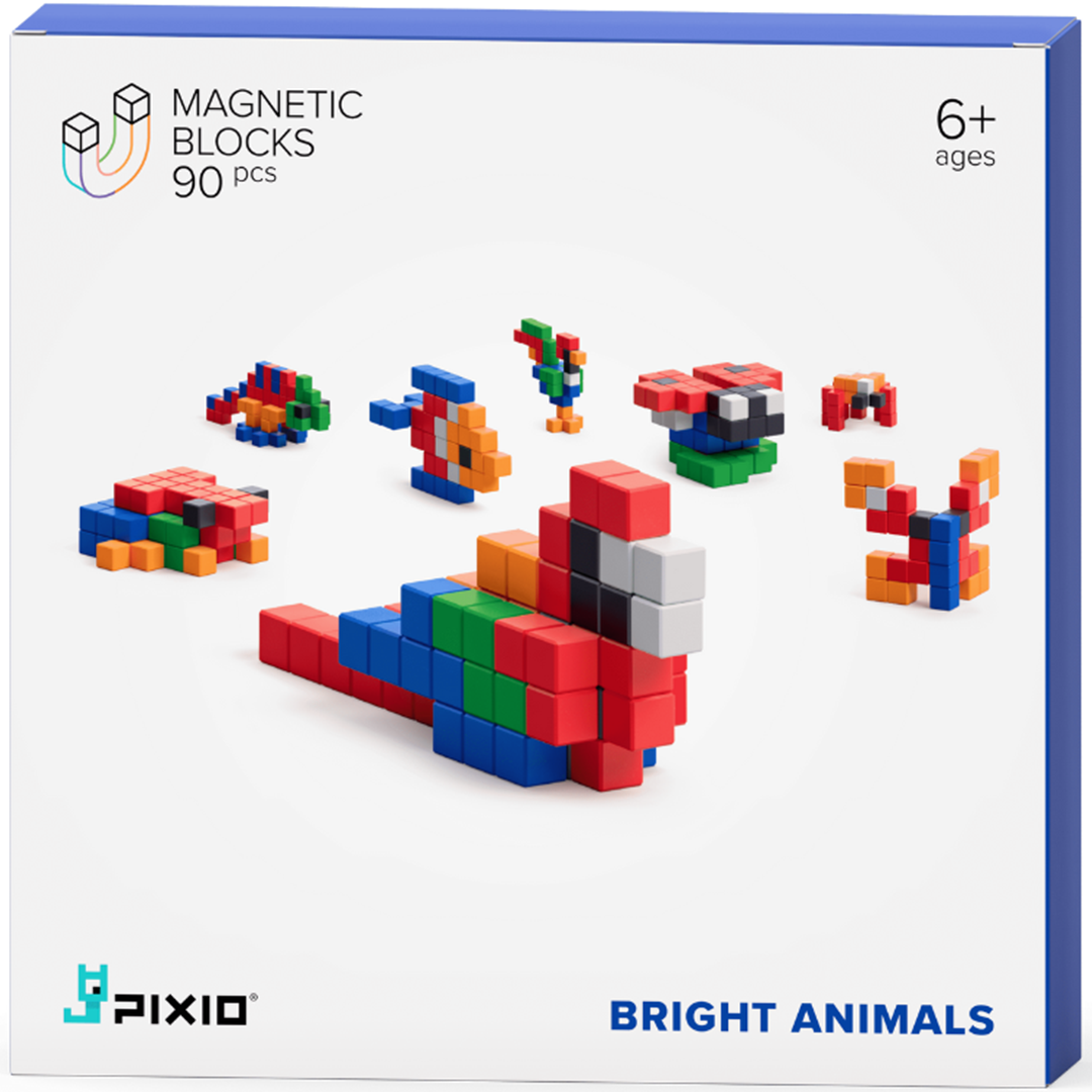 Verpakking van de Pixio magnetische blokjes Bright Animals set met diverse dierenfiguren.