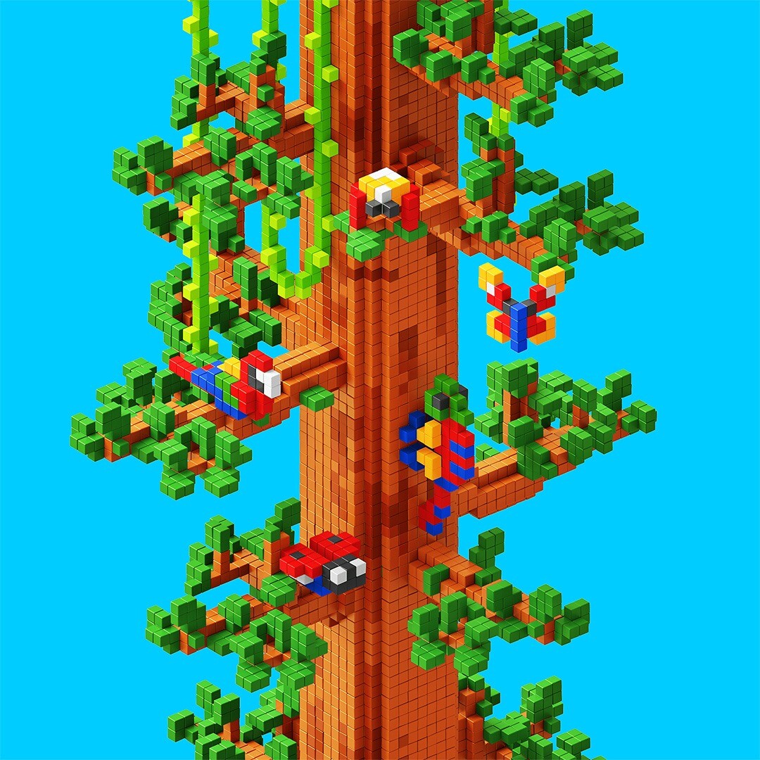 Een hoge boom en diverse kleurrijke dieren, zoals papegaaien en een vlinder, gemaakt van Pixio magnetische blokjes.