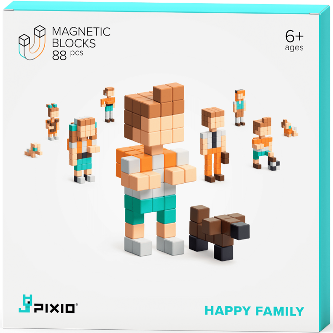 Verpakking van Pixio magnetische bouwblokken 'Happy Family' met afbeelding van pixelachtige figuren.