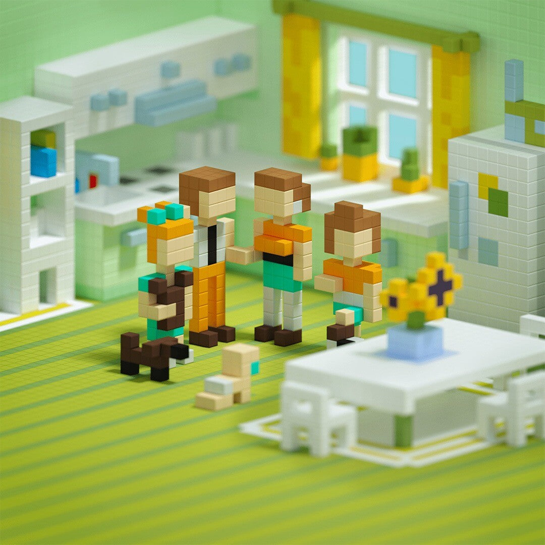 Pixelachtige figuren van magnetische bouwblokken in een speelgoedkamer.