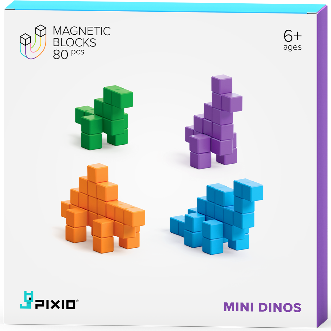 Pixio magnetische blokjes Mini Dinos verpakking met vier dinosaurusfiguren.