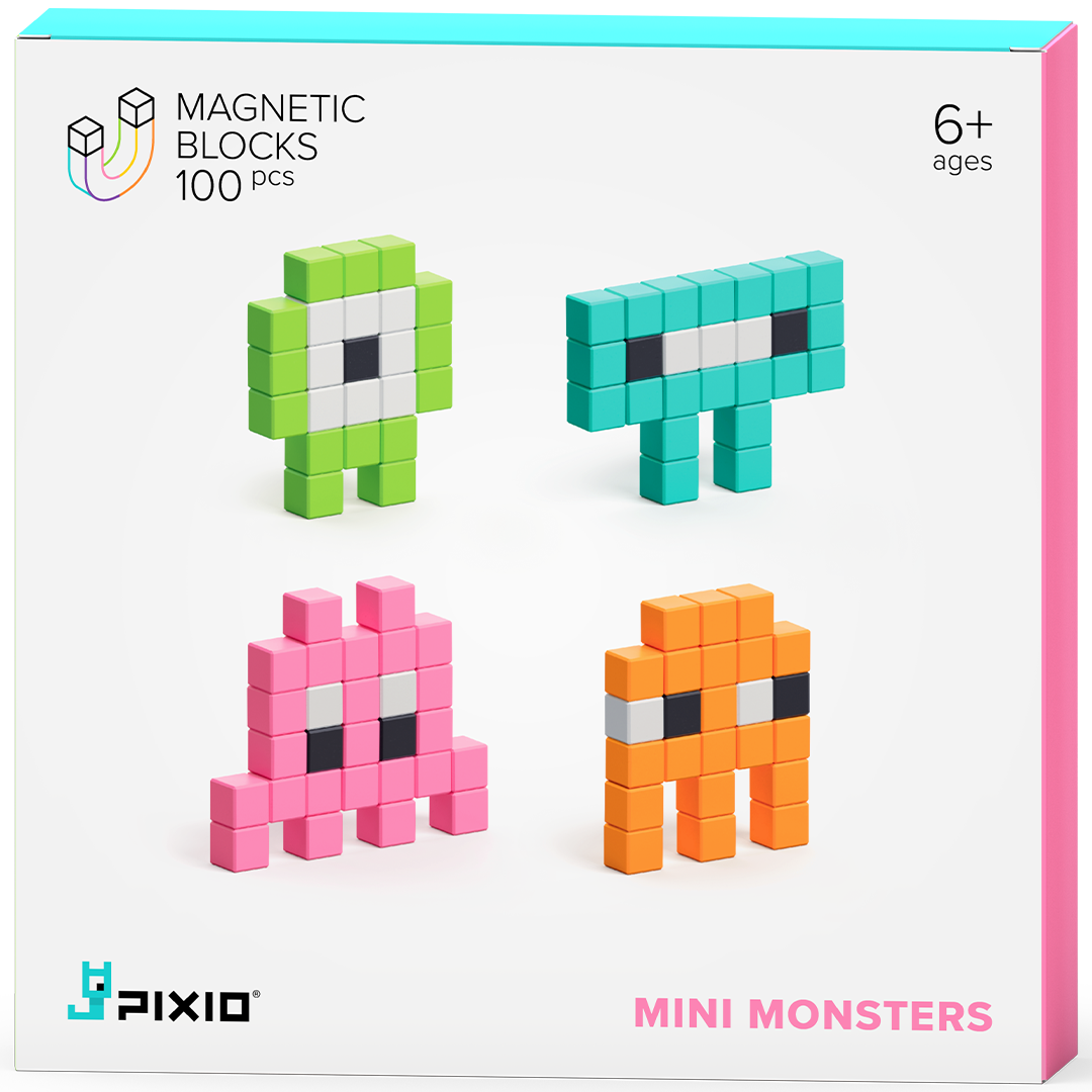 Verpakking van PIXIO magnetische bouwblokjes met vier kleurrijke pixelmonsters en productinformatie.