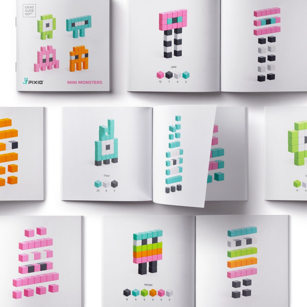 PIXIO ideeëngids voor magnetische bouwblokjes met voorbeelden van verschillende pixelmonsters.