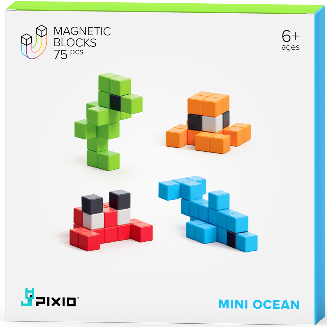 Pixio verpakking van de Mini Ocean magnetische bouwblokken set met vier voorbeelden van figuren.