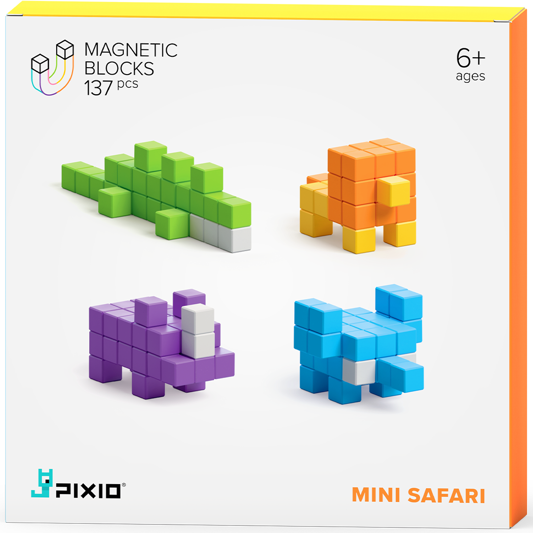 Verpakking van PIXIO magnetische blokjes Mini Safari met voorbeelden van een alligator, leeuw, neushoorn en nijlpaard.