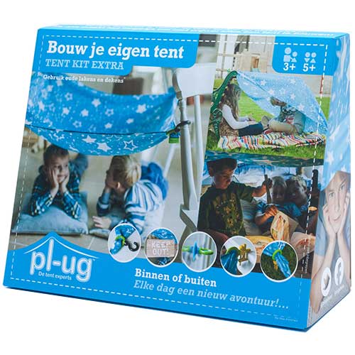 Verpakking van de pl-ug tent kit extra, met afbeeldingen van kinderen die een tent bouwen.
