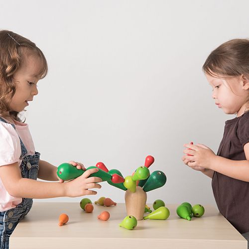 Twee kleuters spelen met het Plan Toys houten balanceerspel cactus, waarbij één kind een groot groen onderdeel vasthoudt.