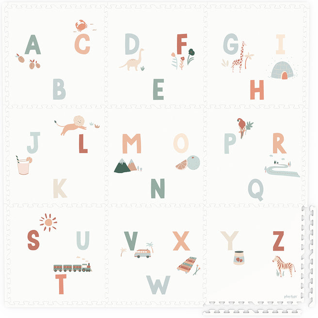 play&go foam speelmat met alfabetletters en diverse illustraties van dieren en objecten.