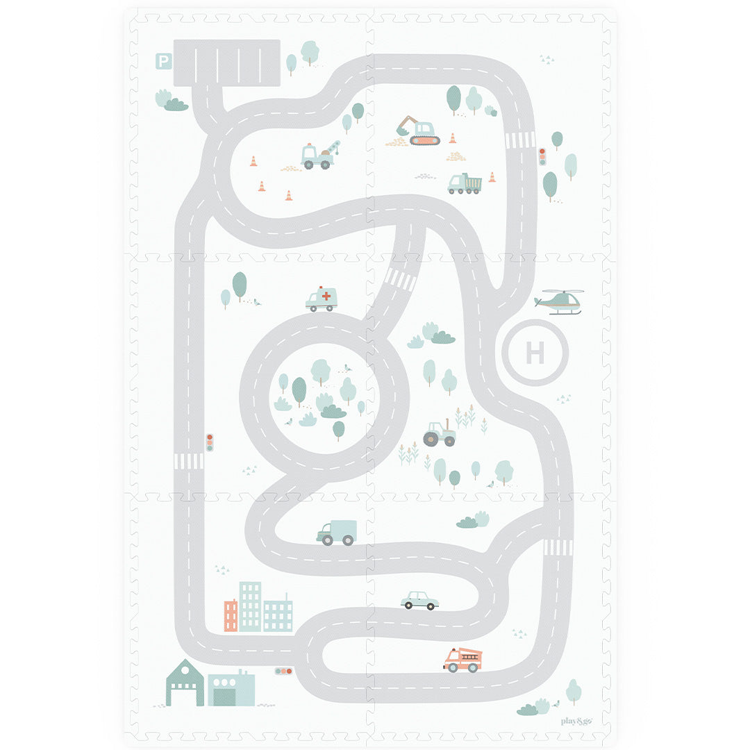 play&go foam speelmat met een grijs wegenpatroon en voertuigen.