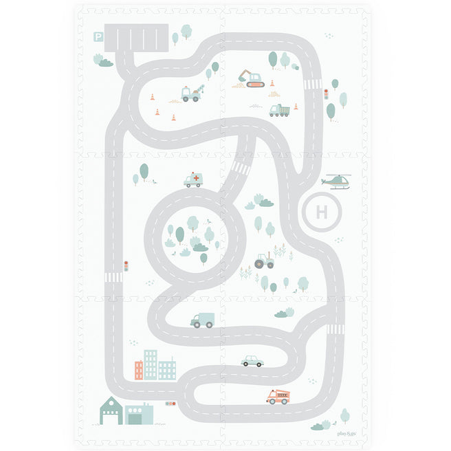 play&go foam speelmat met een grijs wegenpatroon en voertuigen.