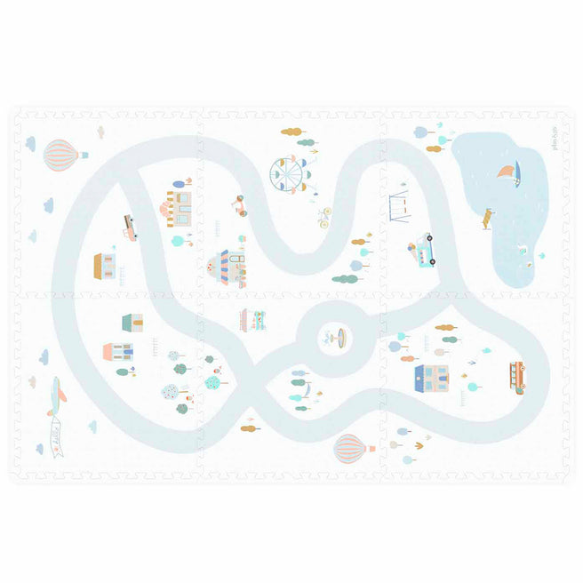 play&go foam speelmat met een wit patroon van een dorp met wegen, huizen en voertuigen.