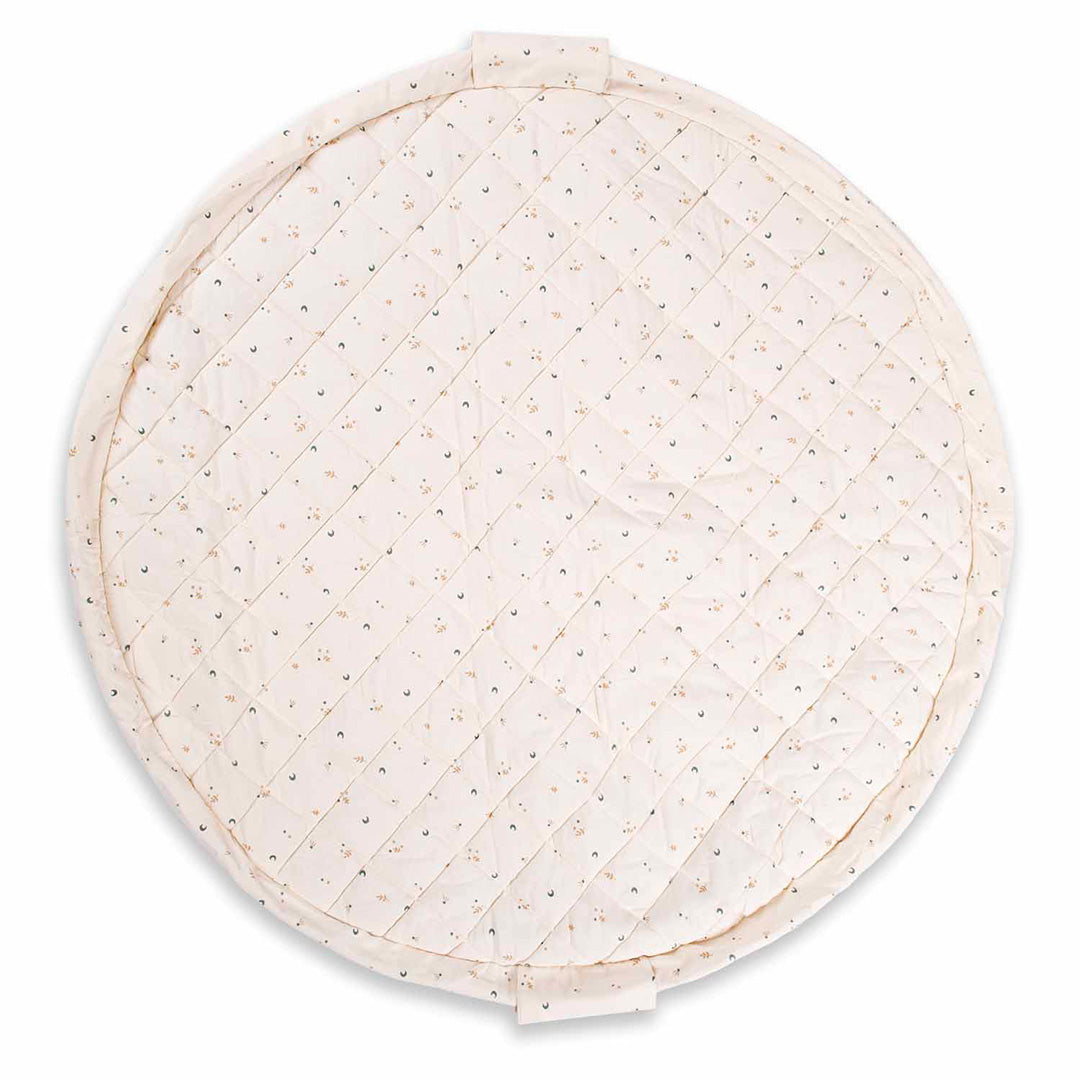play&go rond babyspeelkleed met een beige kleur en een patroon van manen en sterren.