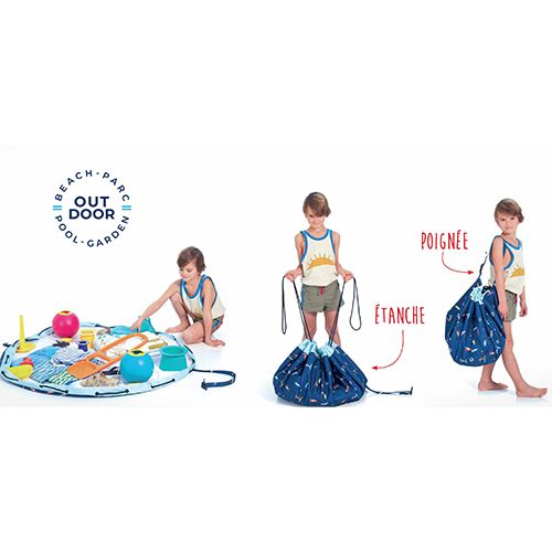 Infographic van het play&go waterdichte speelkleed en opbergzak, met een kind dat erop speelt en het vervolgens als tas draagt.